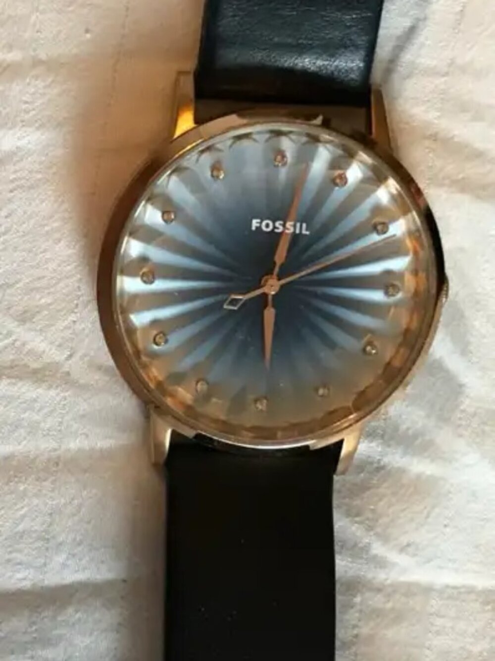 Fossil watch with blue leather strap and accents